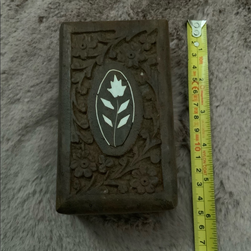 Vintage India Wood Hand Carved Inlay Hinged Trinket Jewelry Box